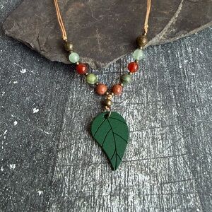 Leaf Pendant Beaded Necklace - Green and Brown
